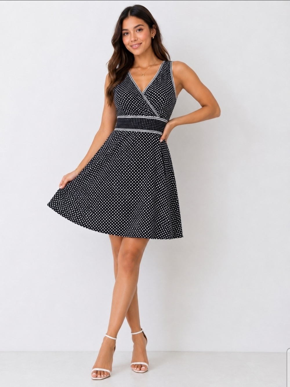 Max Studio Black & White Polka Dot V-Neck Fit-and-Flare Dress